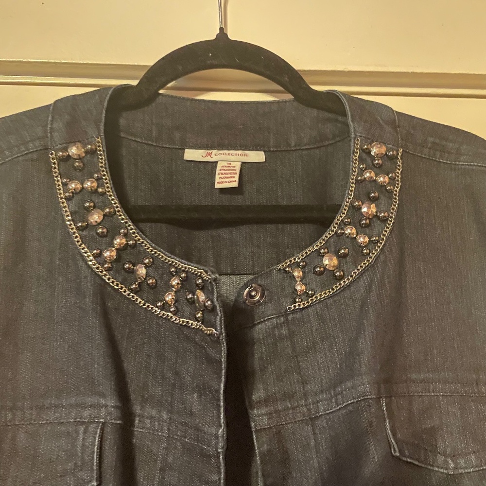 JM Collection dark blue denim beaded cotton blend 3/4 sleeve